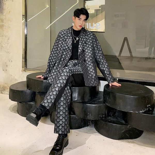 

men 2pcs suits sets male shell print double breasted casual splice suit coat blazer jacket pant stage clothes, White;black