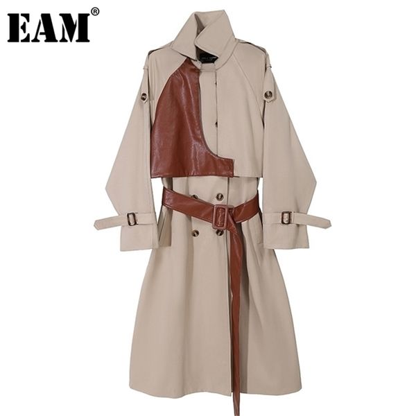 

[eam] women khaki pu leather long trench new lapel long sleeve loose fit windbreaker fashion tide spring autumn 2021 1dc684 201226, Tan;black