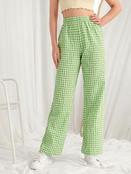 

buffalo plaid straight leg pants f3ti#, Black;white