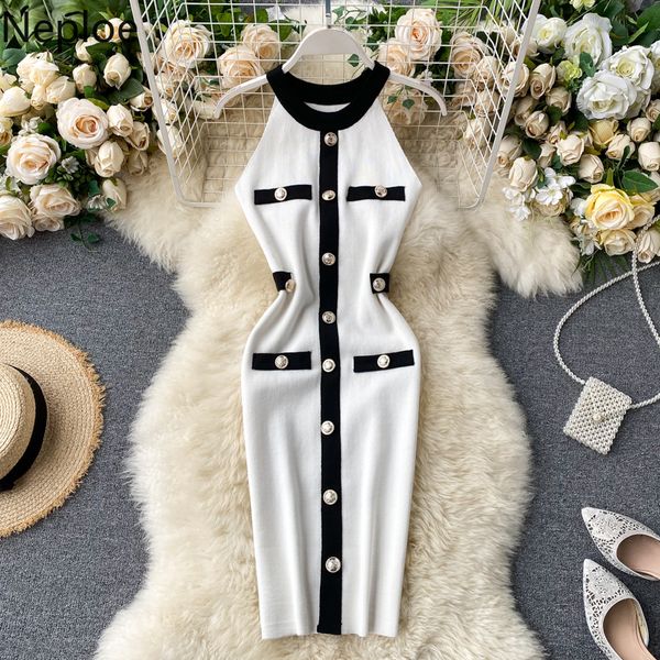 

neploe retro dress 2021 new women fashion halter buckle slimming vestidos knitted summer stretch waist bodycon dresses y0118, Black;gray