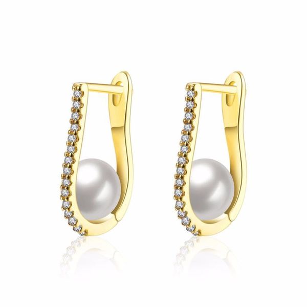 

brand new design fashion hoop earrings setting with cubic zirconia allergy grey simulated pearl earrings, Golden;silver