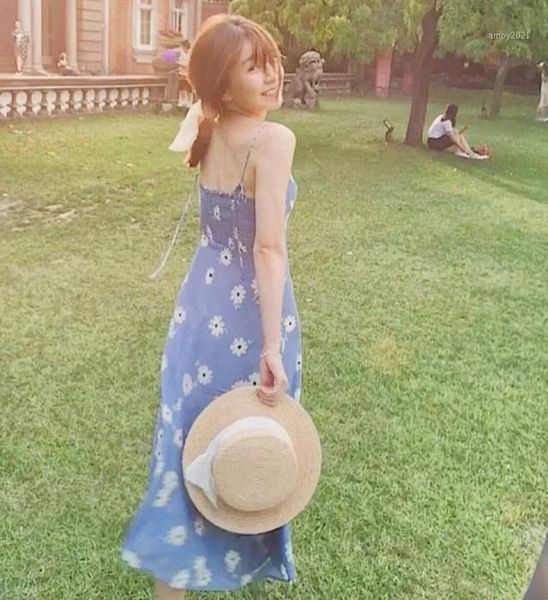 

casual dresses women dress 2021 summer fashion blue daisy print side slit midi1, Black;gray