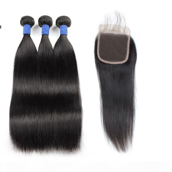 

silky straight peruvian human hair weft 10a brazilian human hair bundles with closure 3bundles with lace closure indian hair extensions, Black