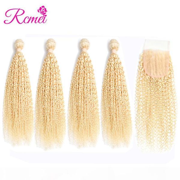 

rcmei pre-colore 100% human hair 4 bundles with 4*4 lace closure #613 color remy brazilian kinky curly hair 5 pcs lot, Black;brown