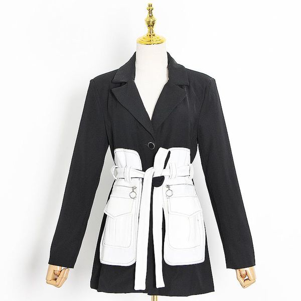 

office ladies blazers and jackets women fashion autumn patchwork slim single breasted business female belt blazer coat, White;black