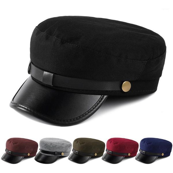 

1pc new autumn winter fashion cadet cap pu leather brim berets hats outdoor flat hat visor cap sailor hat1, Blue;gray