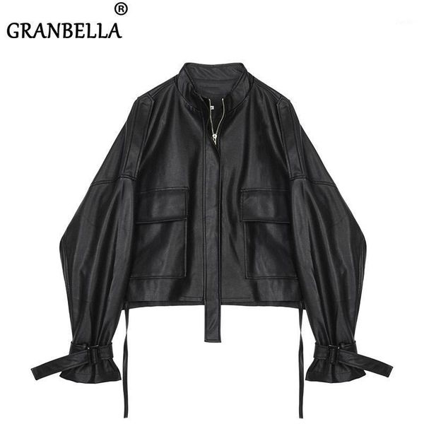 

short drawstring bandage cloth loose casual women's leather jacket long sleeve basic essential outdoor temperament woman jacket1, Black