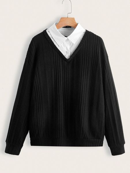 

contrast collar ribbed knit 2 in 1 sweatshirt c5sp#, White;black