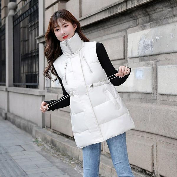 

women's vests waist drawstring down padded women's long vest coat solid stand collar sleeveless zipper female cq202110291, Black;white