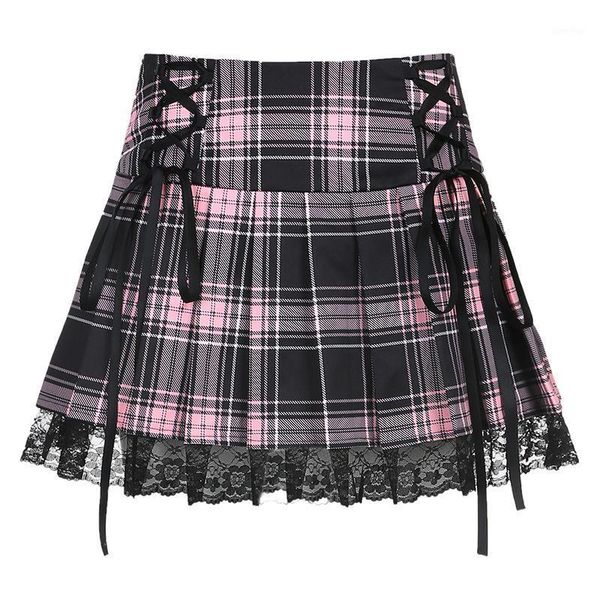 

autumn japanese harajuku girl kawaii pink plaid lace bandage skirts streetwear fashion sweet punk high waist mini skirt new1, Black