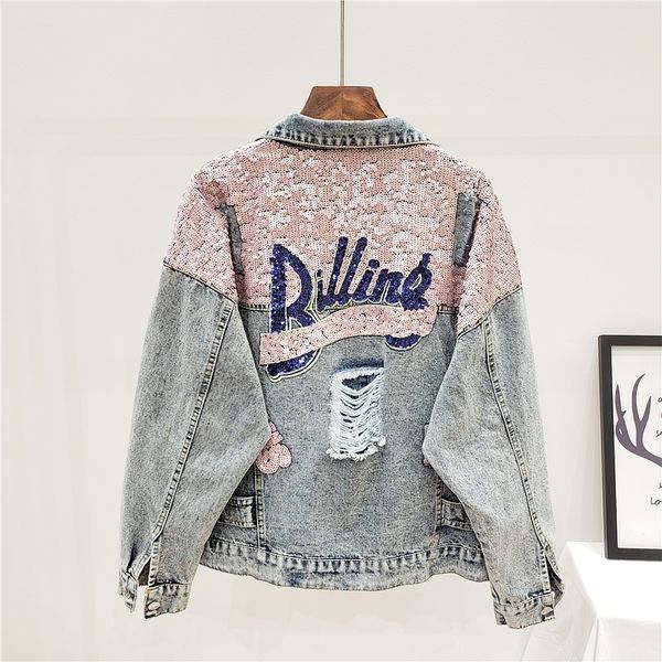 

denim women jacket autumn new spring vintage sequins pink shiny loose coat long sleeve outerwear female jacket 201109, Black;brown