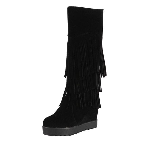 

sagace western long tassel boots women winter knee-high boot lady vintage rome style low heel shoes suede fringe knight botas, Black