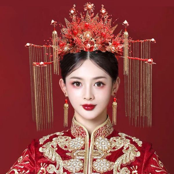 

headdress phoenix bridal crown high end elegant hefu women suitable for round face simple hair accessories wedding red step, Silver