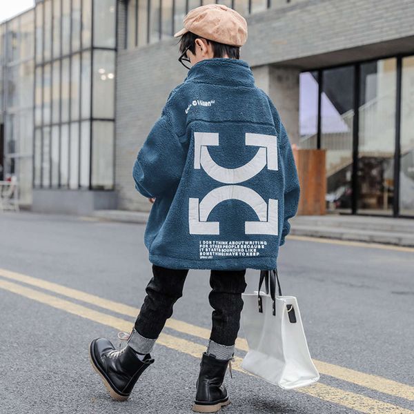 

autumn 2020 new children's boys' and winter clothing fashionable letter embossed lamb wool coat medium length zipper cardigan, Black
