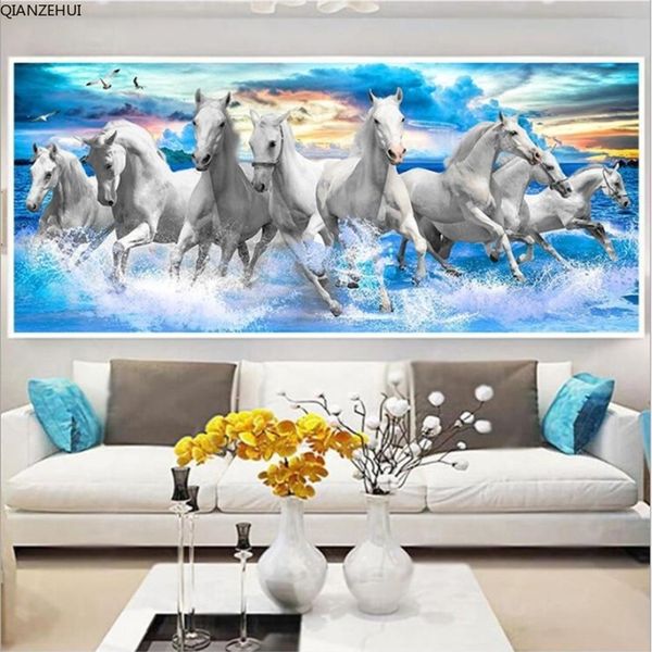Qianzehui, DIY алмазная вышивка, круглый бриллиант гостиной, белый конь, восемь лошади полное горный хрусталь алмазная живопись крестом квартом 201202