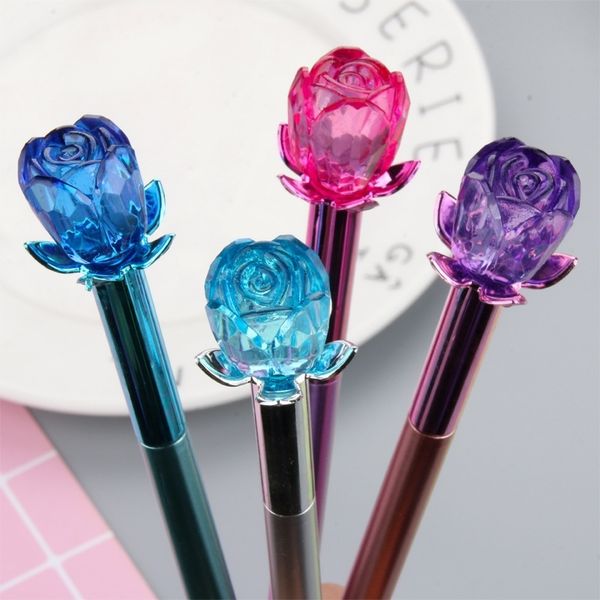 36PCS Metallo Crystal Rose Gel Penne Penna in metallo Fioretto Cap Black Water Pen Cancelleria Materiale scolastico Kawaii Y200709