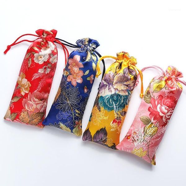 

50pcs lengthen flower drawstring chinese silk brocade bag wood comb gift packaging jewelry necklace storage pouches1