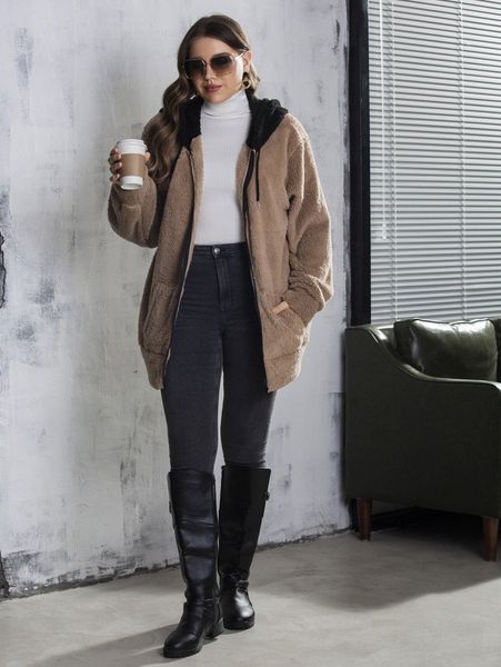 

plus kangaroo pocket drawstring hooded flannel jacket u4dt#, Black