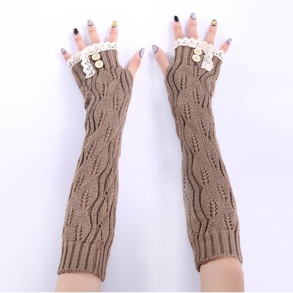 

edge finger protector button mittens gloves half elbow winter wrist women hollow long fingerless twist arm knitted lace sparsil bbyyor, Black