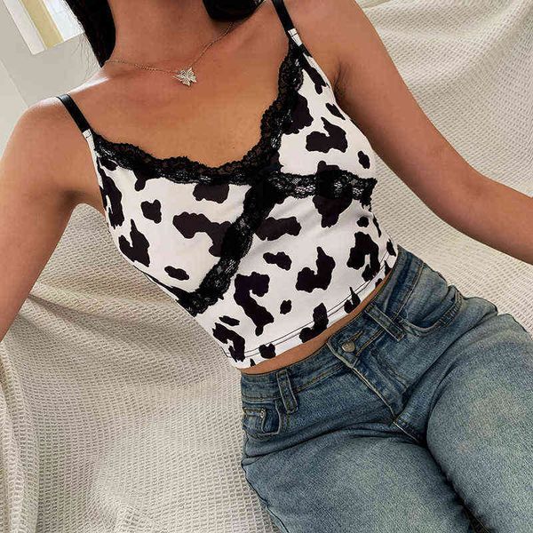 

women s cow pattern camisole lace decorated v-neck slimming tube top, White