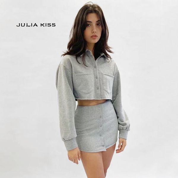 

women turn down collar button up crop & button mini skirt in chunky co-or, Black