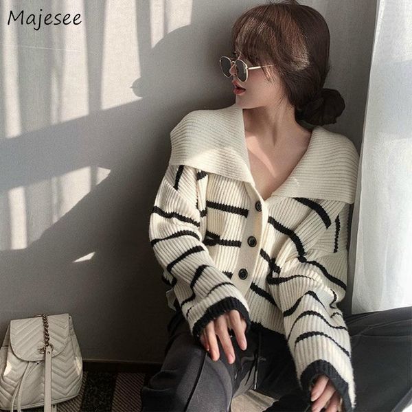 

women's knits & tees sweater cardigans striped womens turn down collar elegant leisure knitting single breasted ulzzang all-match ladie, White