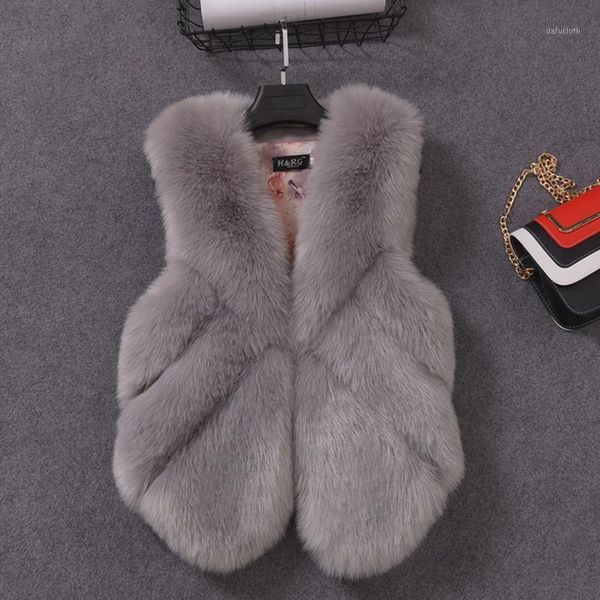 

2021 winter fashion v-neck casual solid color slim faux fur vest women sleeveless jacket fur coat waistcoat thick warm y381, Black