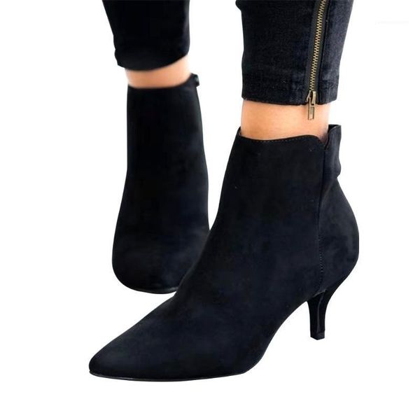 

boots pu leather breathable pointed toe ankle shoes wear resistant kitten heel side zipper daily club party women work non slip1, Black