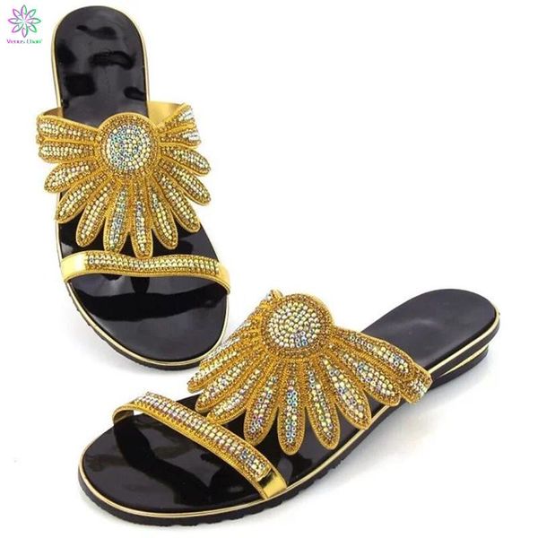 

pu leather gold shoes women evening party pumps wedding appliques crystal flower decorated on african shoes without matching set, Black