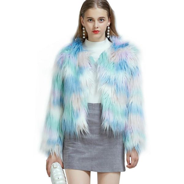 

luxury blue faux jacket ice macarons color imitation fur coat high waist long plush cardigan flocking bomber women's &, Black