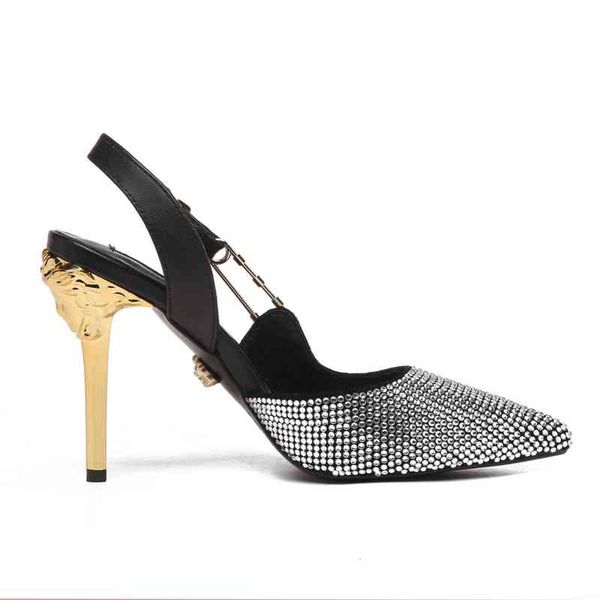 

2021 new women sandals rhinestone diamond patent leather buckle pointed high heel stiletto shoes large size 33-43, Black