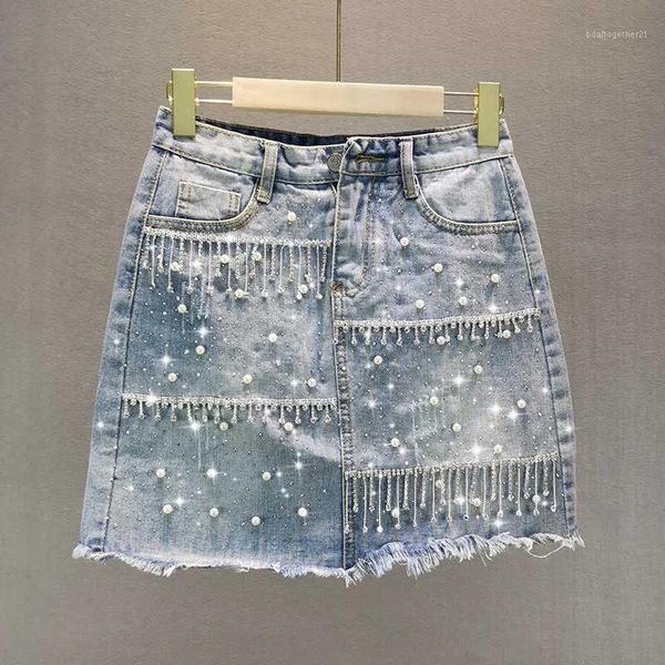 

skirts 2021 summer slim denim skirt womens heavy beaded rhinestone tassel female one step short mini jean jupe mujer1, Black