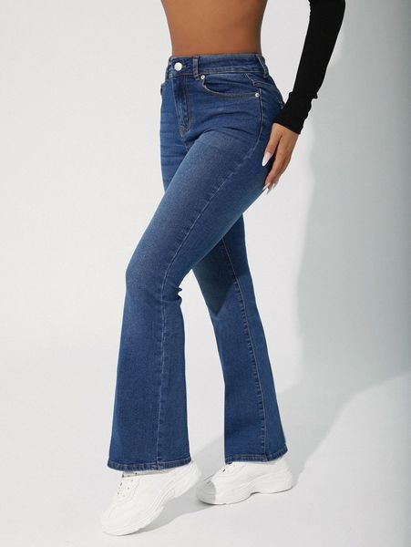 

petite high waist flare leg jeans a8l6#, Blue