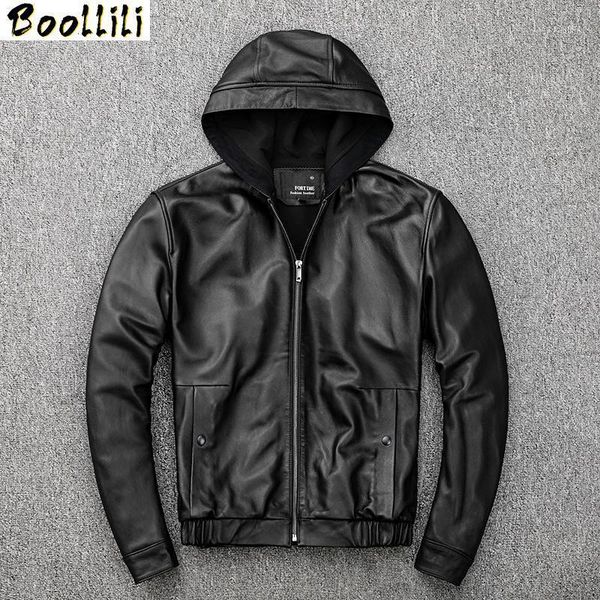 

boollili real genuine leather jacket men hooded 100% sheepskin coat short spring autumn plus size men's leather jackets1, Black