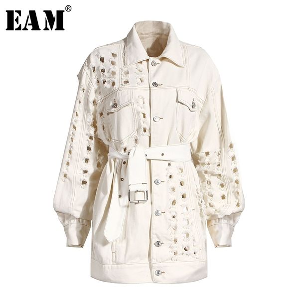 

[eam] loose fit beige holes bandage big size denim jacket new lapel long sleeve women coat fashion tide spring autumn 1y917 201112, Black;brown