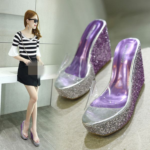 

shoes house slippers platform slipers women low on a wedge slides 2020 rome fabric bling pu hoof heels wedges basic rubber x1020, Black