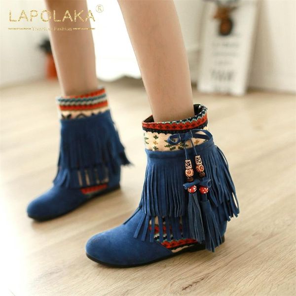 

boots lapolaka 2021 ethnic style tassle fashion shoes woman booties increasing heels patchwork winter ladies, Black