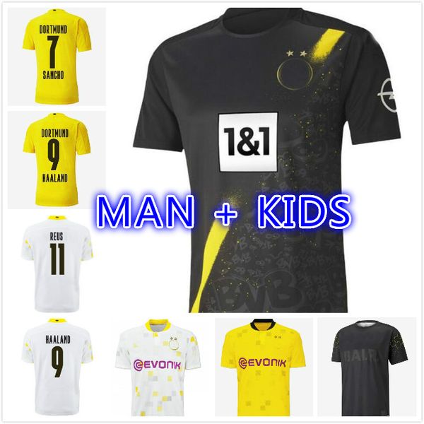 

2020 dortmund haaland football shirt reus sancho soccer jersey dortmund men kids kit 110th anniversary edition emre can soccer uniform 20/21, Black;yellow
