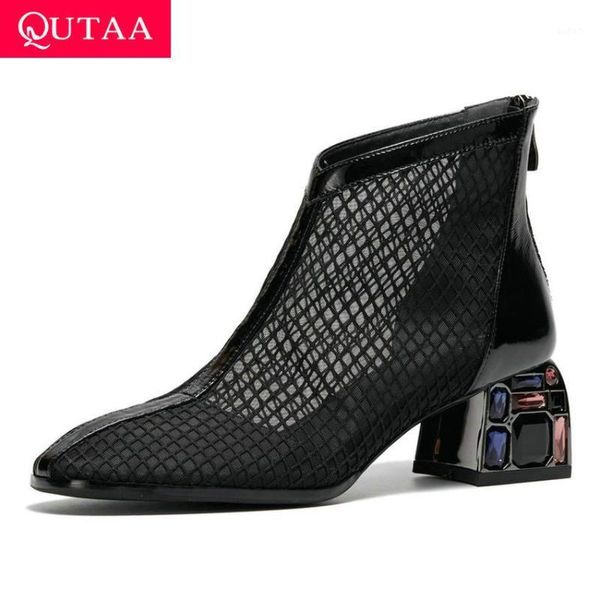 

boots qutaa 2021 round toe zipper ankle crystal square high heel women shoes patchwork patent leather mesh pumps size34-421, Black