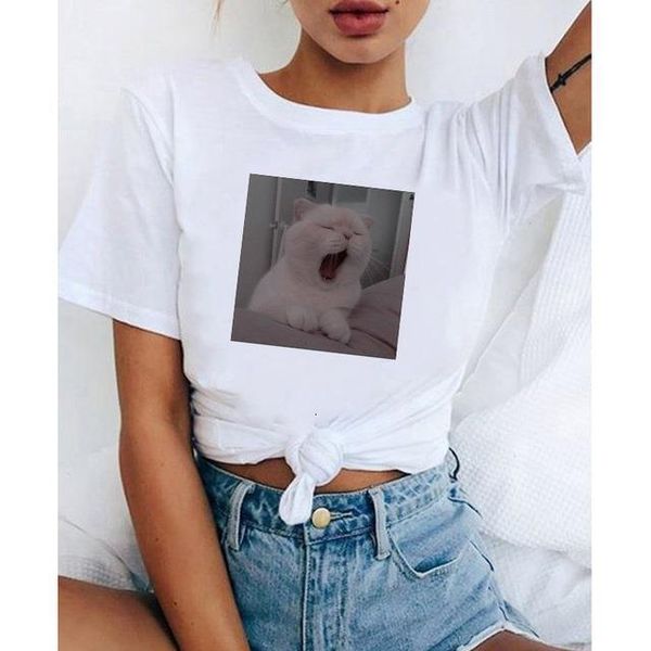 

90s young girls casual cotton tee summer new fashion cute cat p print women t shirt korean style shirt, White