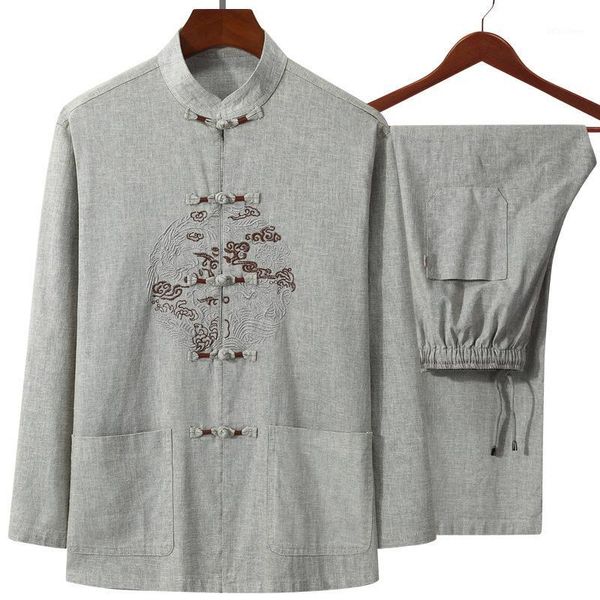 

hanfu men's long-sleeved tang suit cotton linen middle-aged elderly tang suit men's spring summer father's clothes grandpa we, Gray