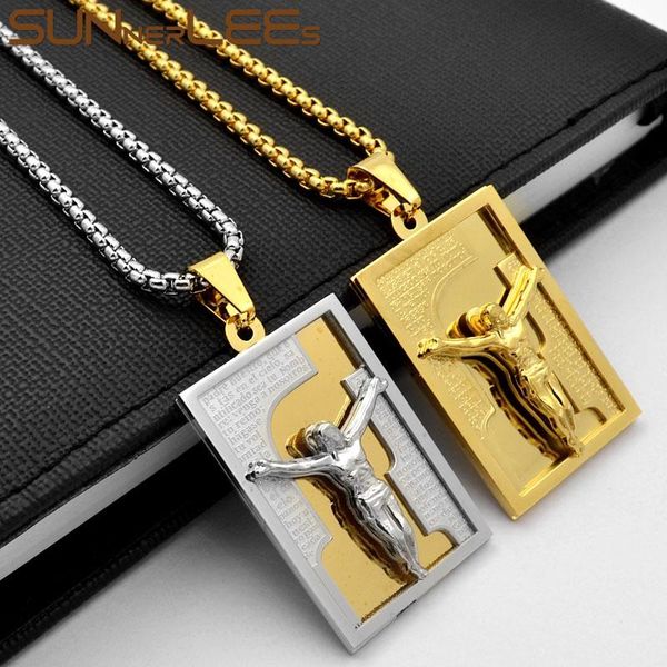 

pendant necklaces sunnerlees stainless steel jesus christ square necklace link chain silver color gold plated boy men sp228