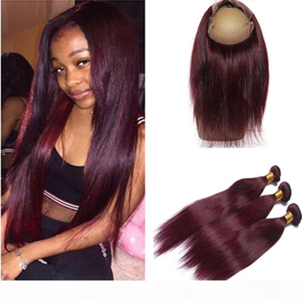 

brazilian straight #99j wine red virgin human hair bundles 3pcs with 360 frontal 22.5x4x2 pre plucked 360 band lace closure with weaves, Black;brown