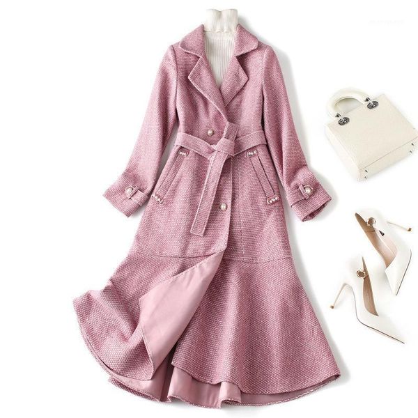 

autumn winter women plus size coat 2019 new ruffles single breasted pearls button sashes elegant pink coats outerwear1, Black