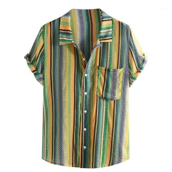 

shirt men streetwear chemise homme summer men ethnic printed stand collar colorful stripe short sleeve loose henley shirt t5291, White;black