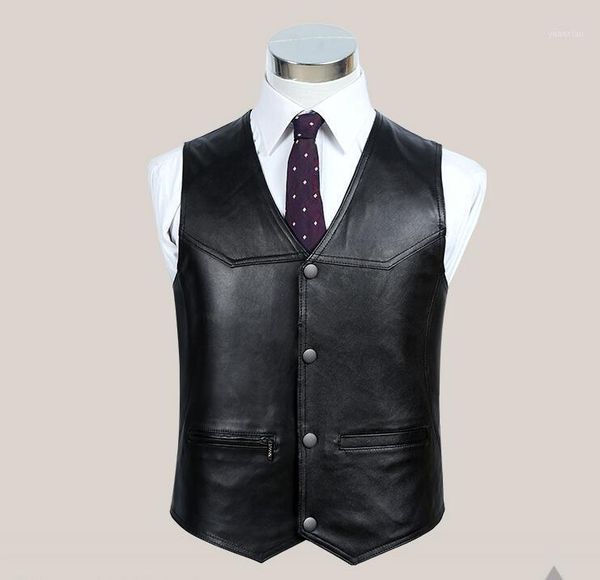 

new arrival 2020 genuine leather vests sleeveless leather jacket men sheepskin v-neck single breasted thin waistcoats v54-031, Black;white