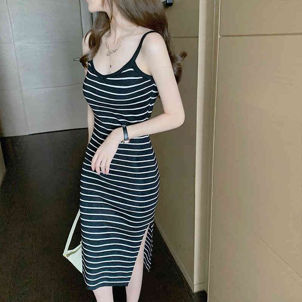 

elastic v-neck sleeveless striped knee length korea women night club party dresses split elegant ladies casual dress clothes, Black;gray