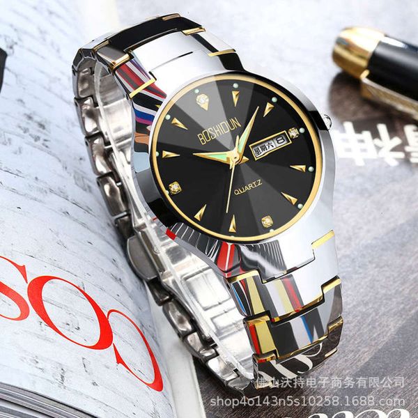 

tungsten double quartz calendar watch steel luminous waterproof watch for men's lovers 2oci, Slivery;brown