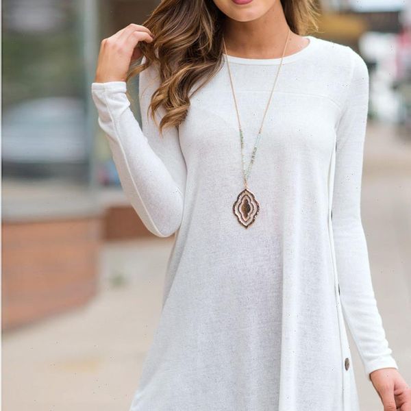

fashion solid buttons hem blouse casual autumn winter ladies loose bottom female women long sleeve shirt blusas pullover, White
