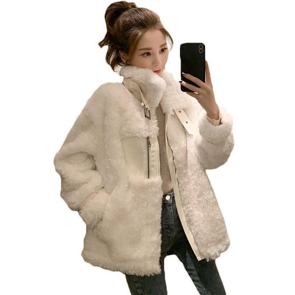 

women's fur & faux 2021 autumn winter jackets for women korean thickened stand-up collar lamb coat female short loose outerwear m851, Black